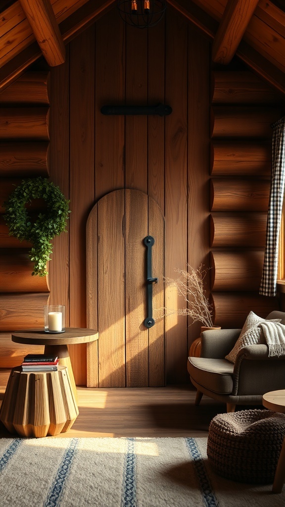 Cozy interior with rustic wood accents, featuring a wooden door, round table, and soft textiles.