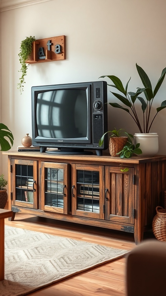 A rustic wood TV console with a vintage television, plants, and decorative elements.