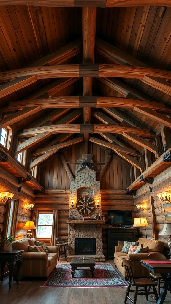 Interior with rustic wooden beams and a stone fireplace