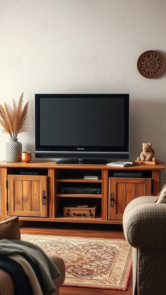A rustic wooden TV console with a television on top, surrounded by decorative elements.