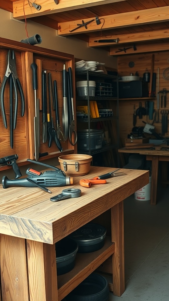 A rustic wooden workbench in a garage, featuring various tools and storage.