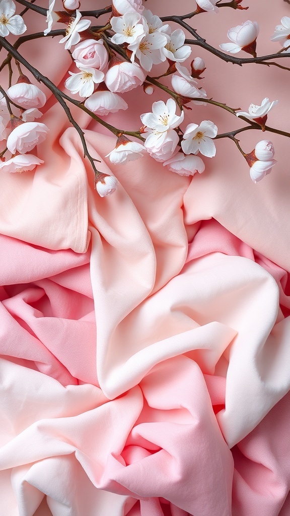 A close-up of cherry blossom branches on soft pink fabric, showcasing a sakura-inspired color palette.