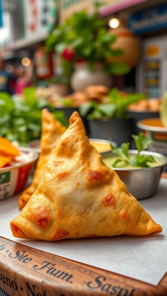 Two golden samosas on a plate with chutney and greenery in the background