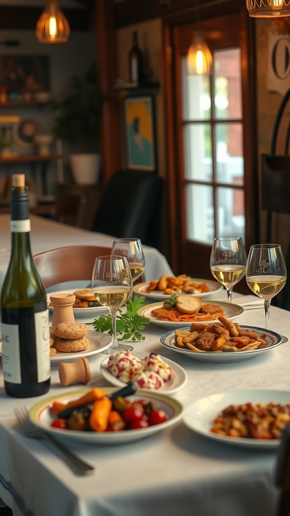 A table set with various Greek dishes and wine in a traditional taverna.