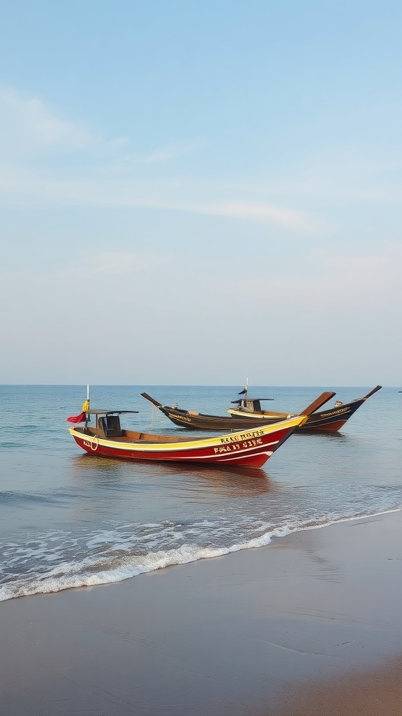 Fishing boats on a calm beach in Sanur, Bali