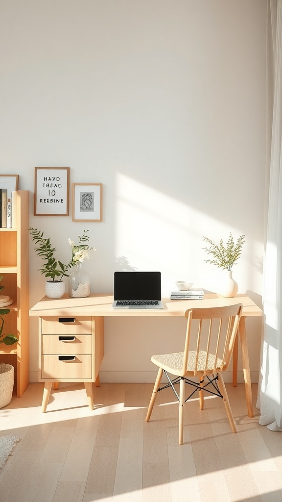 A minimal Scandinavian inspired workspace with a light wood desk, laptop, and plants.