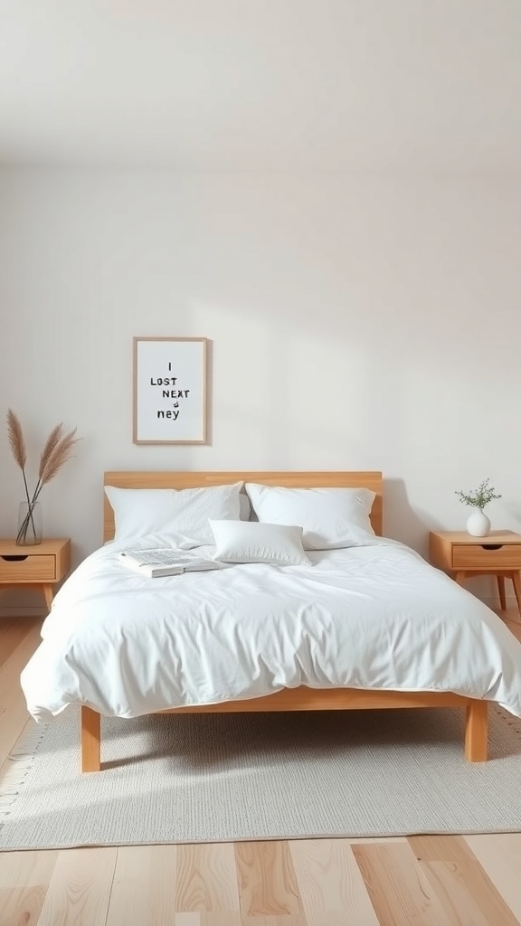 A minimalist Scandinavian bedroom featuring a wooden bed, white bedding, and natural decor.