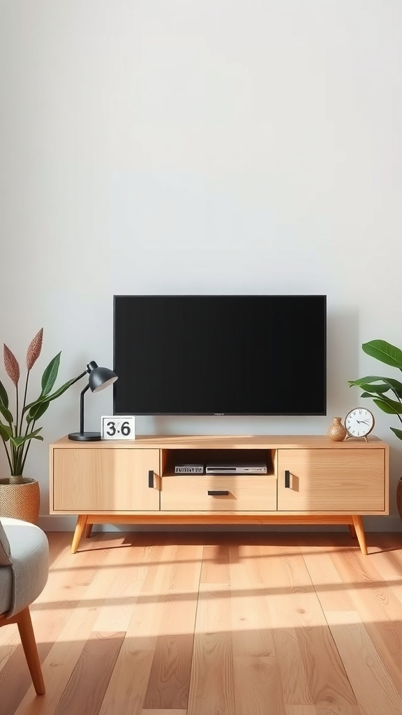A Scandinavian style TV stand with a light wood finish, featuring two drawers, a lamp, and plants, set against a white wall.