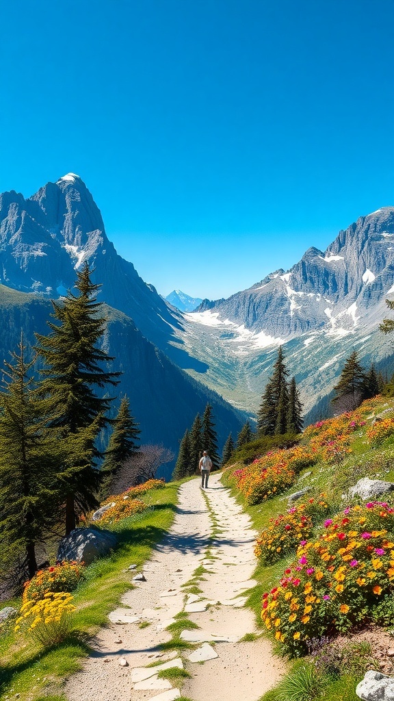 A scenic hiking trail in the Japanese Alps, surrounded by colorful flowers and mountains under a clear blue sky.