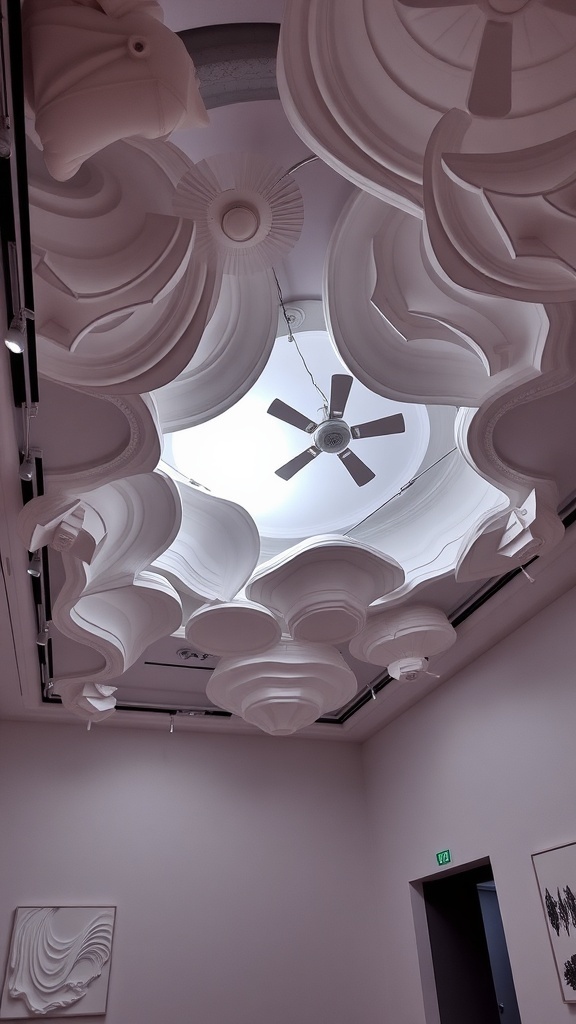 An artistic pop ceiling design featuring flowing white sculptural elements.