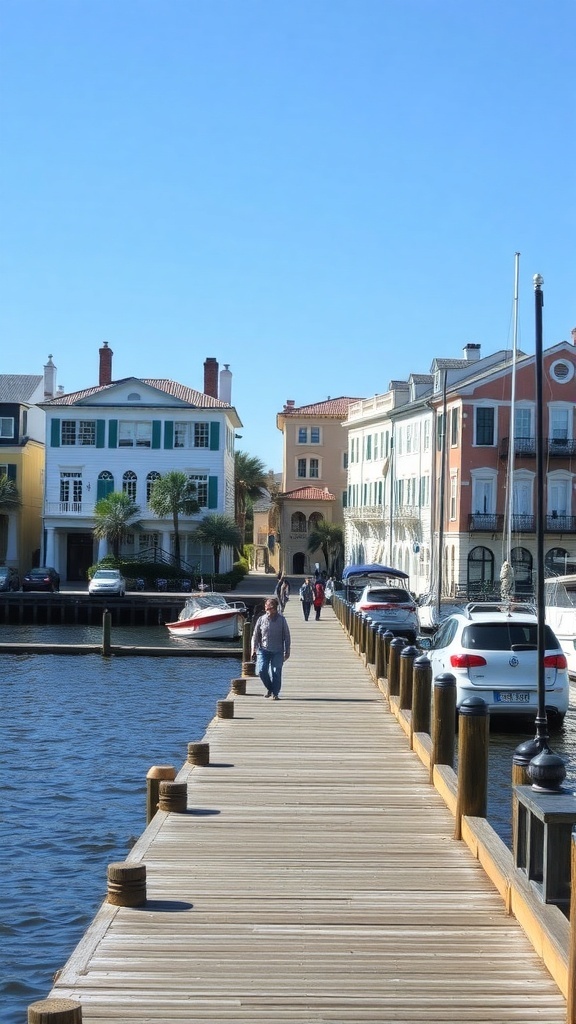 A wooden pier with colorful buildings on either side, boats docked along the water, and people walking.