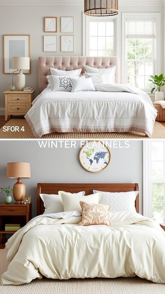 Two different bedding styles showcasing seasonal swaps for comfort.