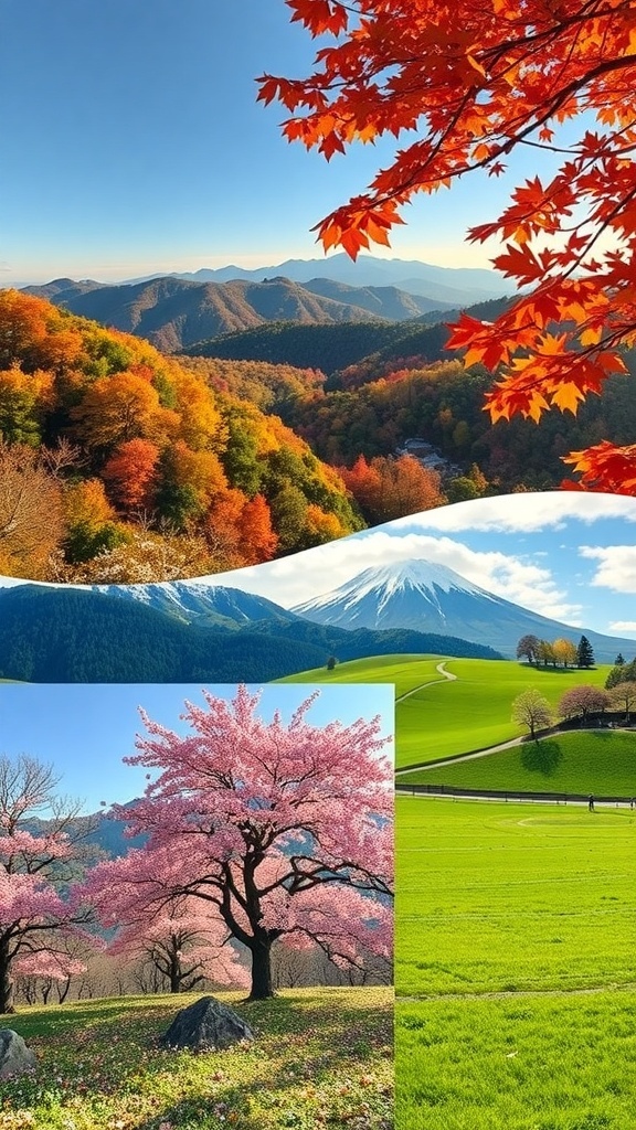 A beautiful depiction of Japan's countryside showcasing seasonal changes, including cherry blossoms in spring, lush greenery in summer, vibrant autumn leaves, and snow-covered landscapes in winter.