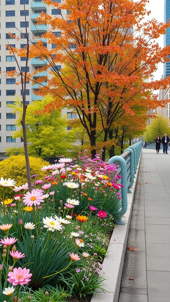 A vibrant scene on the High Line with blooming flowers and autumn trees.