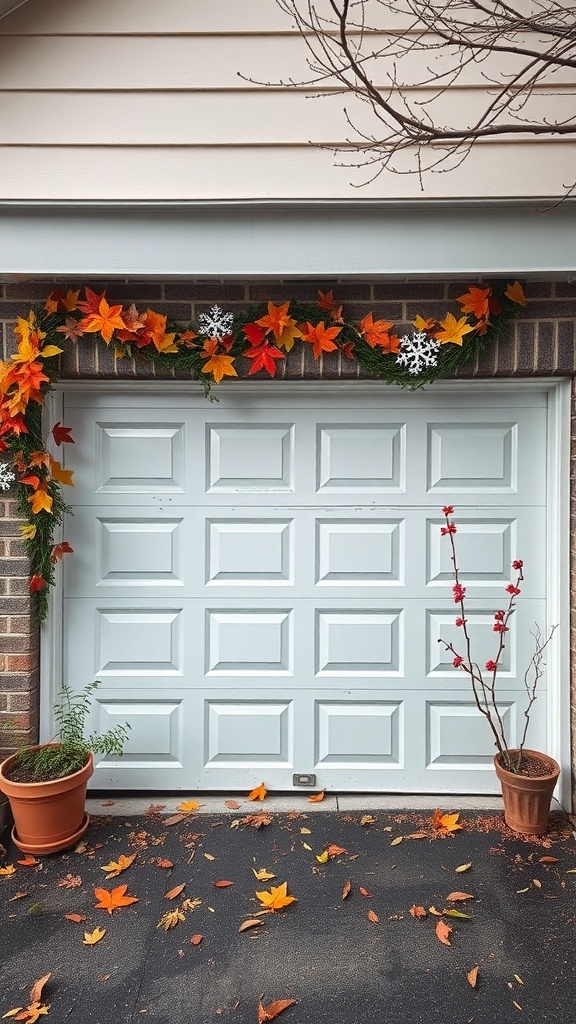 Garage entryway decorated with autumn leaves and snowflakes