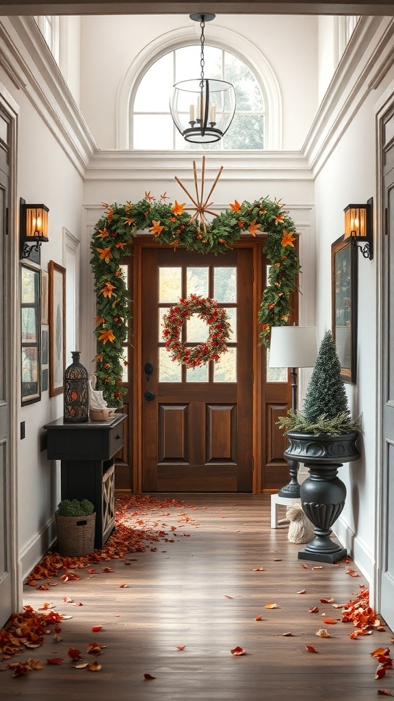 A cozy foyer decorated for autumn with a wooden door, seasonal wreath, and scattered leaves.