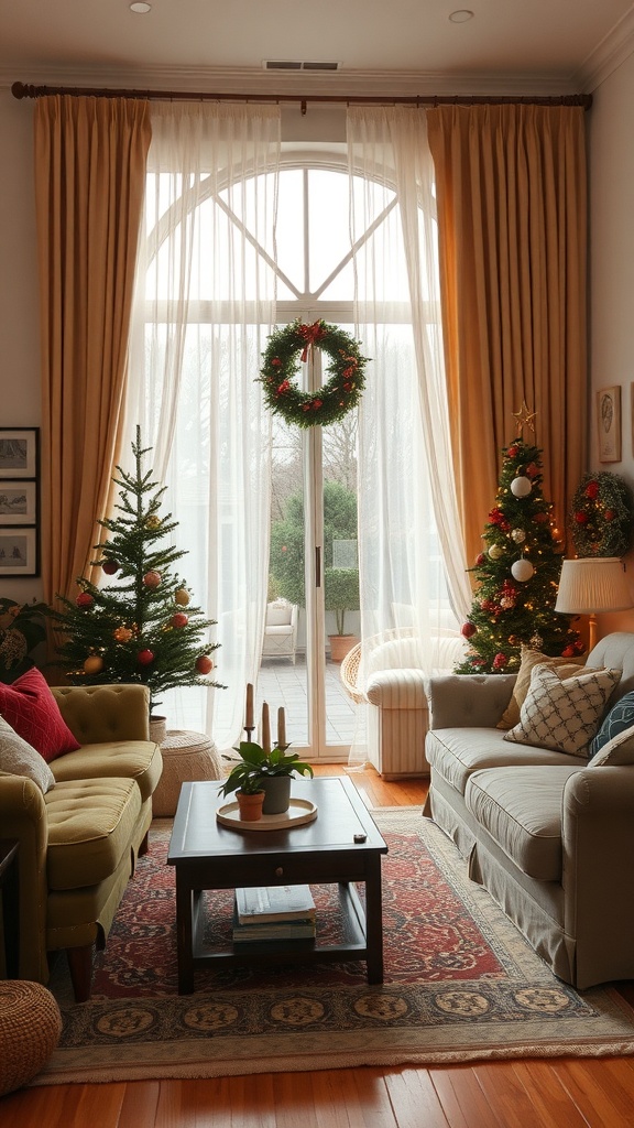 A cozy living room with beige curtains, Christmas trees, and a wreath, showcasing seasonal decor.
