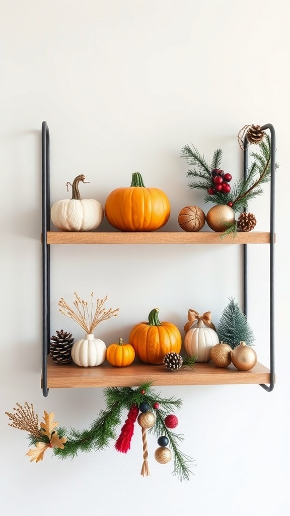 A floating shelf decorated with pumpkins, pinecones, and holiday ornaments, showcasing seasonal decor.