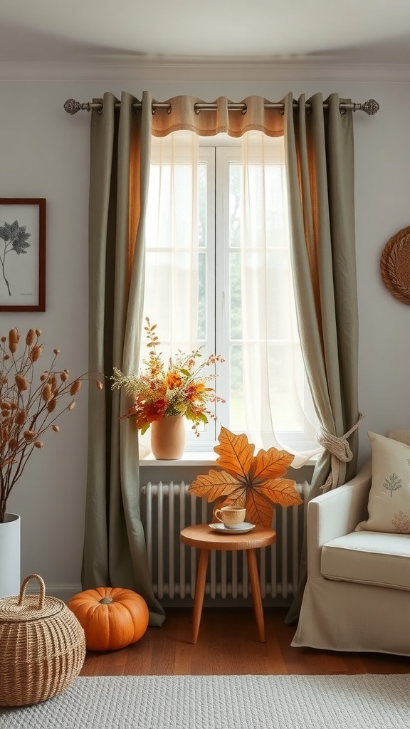 Cozy living space with linen curtains, autumn decor, and a pumpkin.
