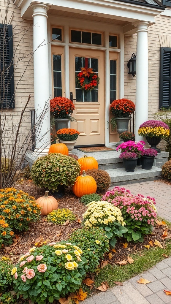 A front garden with colorful flowers and pumpkins, featuring a decorated door.