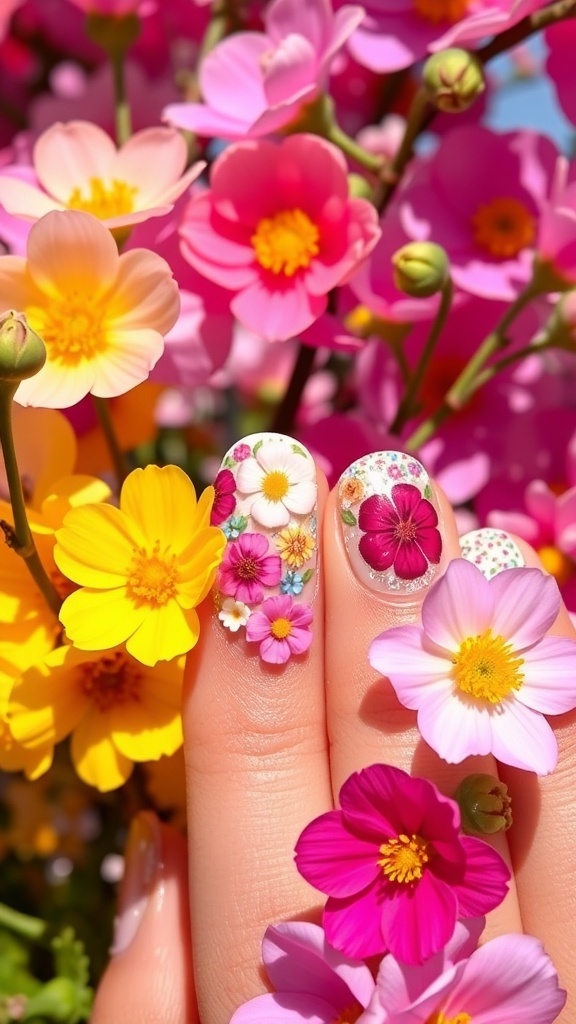 A vibrant display of various spring flowers in pink, yellow, and white against a clear blue sky.