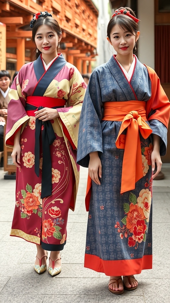Three colorful kimonos displayed under a cherry blossom tree