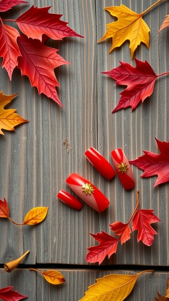 Red nails with gold embellishments on a wooden surface surrounded by autumn leaves.