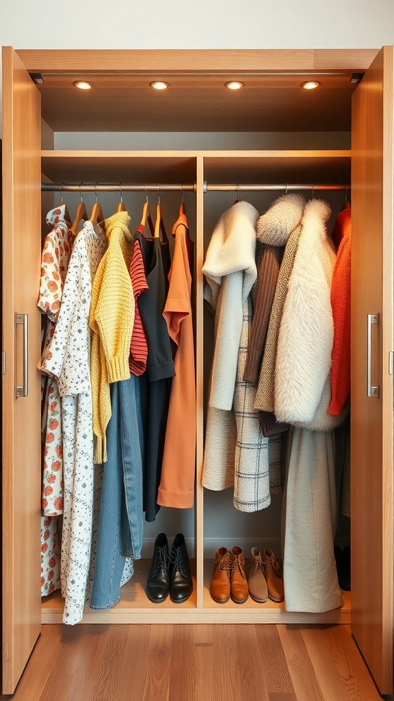 An open wardrobe showcasing a variety of seasonal clothing and shoes.