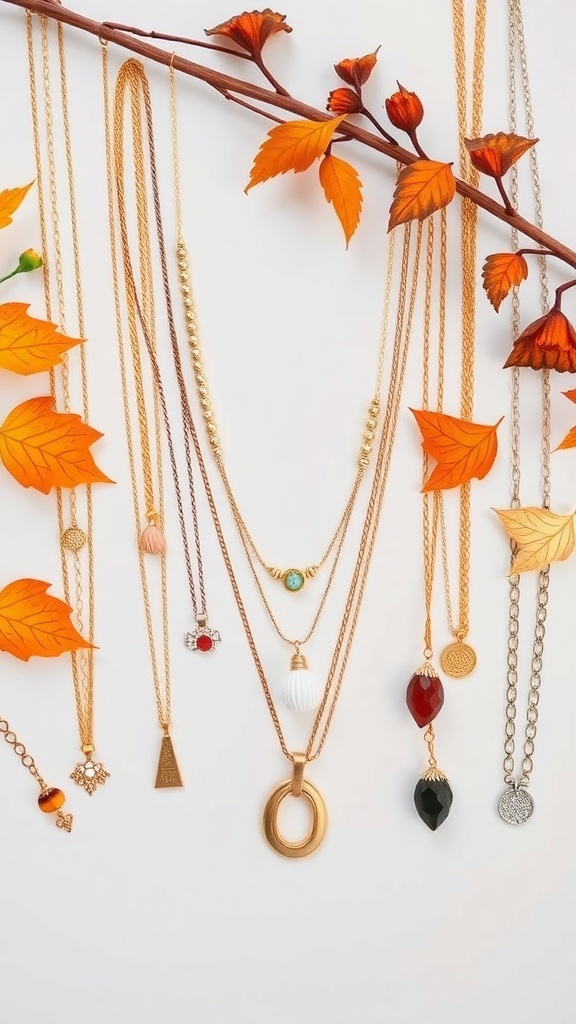 An assortment of layered gold necklaces with autumn leaves in the background.
