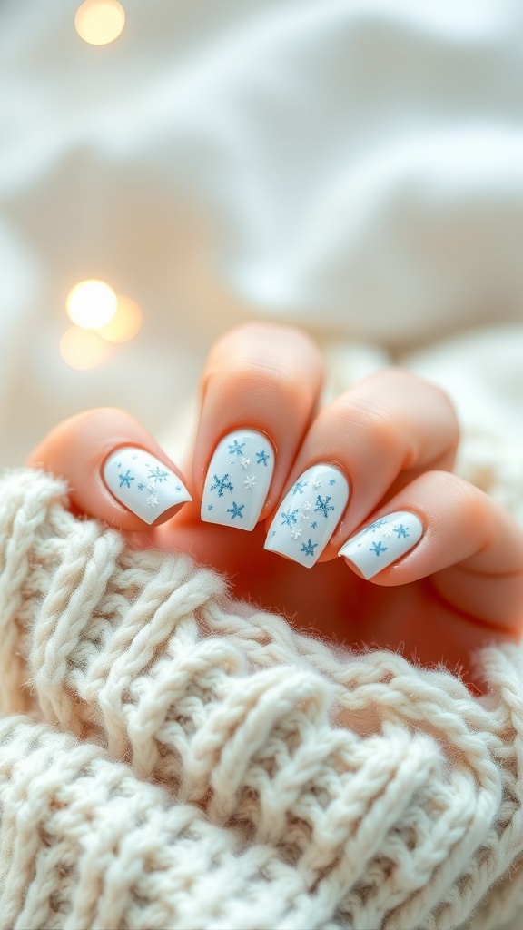 White French nails with blue snowflakes on a cozy knitted background