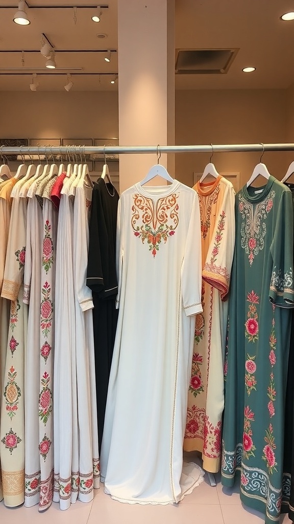 A collection of embroidered abayas displayed on hangers, showcasing various designs and colors.