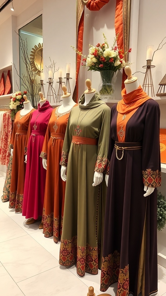 Display of Turkish abayas in various colors and styles, showcasing seasonal trends.