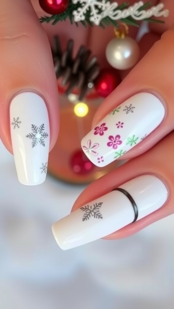 A close-up of white chrome nails featuring snowflake and flower designs, set against a festive background.