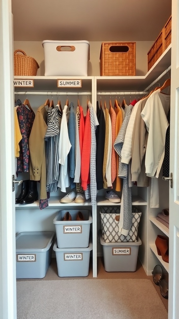A well-organized closet with seasonal clothing labeled for winter and summer.