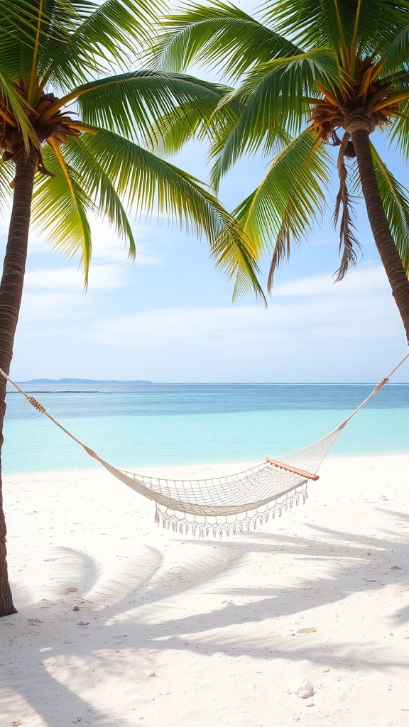 A hammock between palm trees on a secluded beach in the Maldives with clear blue waters.