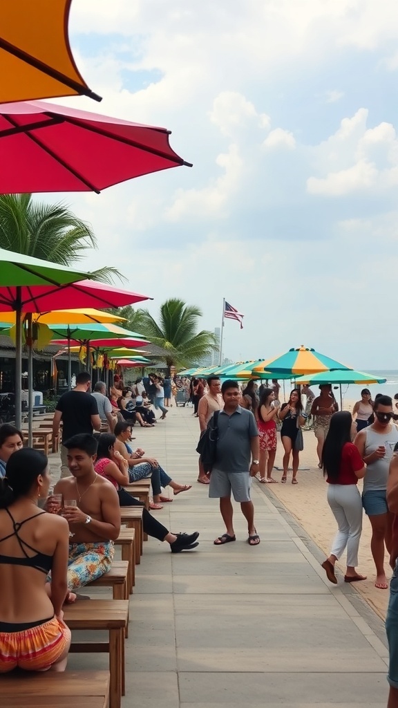 A lively beach scene in Seminyak, Bali, with colorful umbrellas and people enjoying drinks.