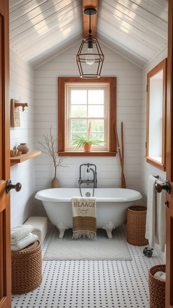 A serene bathroom featuring a freestanding bathtub, natural wood accents, and bright white walls.