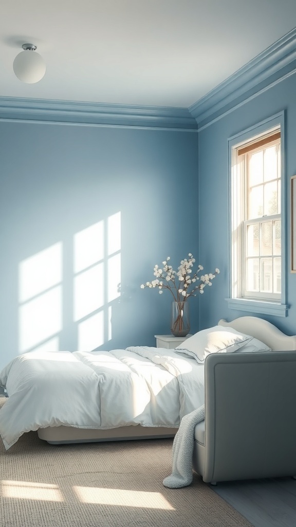 A serene bedroom with light blue walls, a cozy bed, and a vase of flowers.
