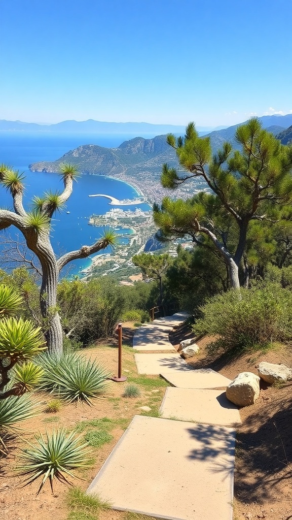 A scenic hiking trail overlooking the coastline of Portofino, Italy, with lush greenery and a clear blue sky.