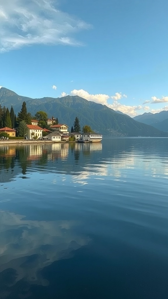 A tranquil view of Lake Como with charming villas and mountains in the background.
