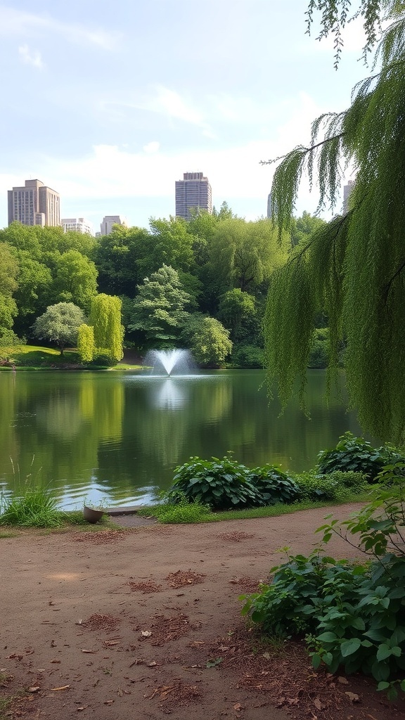 A serene view of a pond in Central Park with a fountain and city skyline in the background.