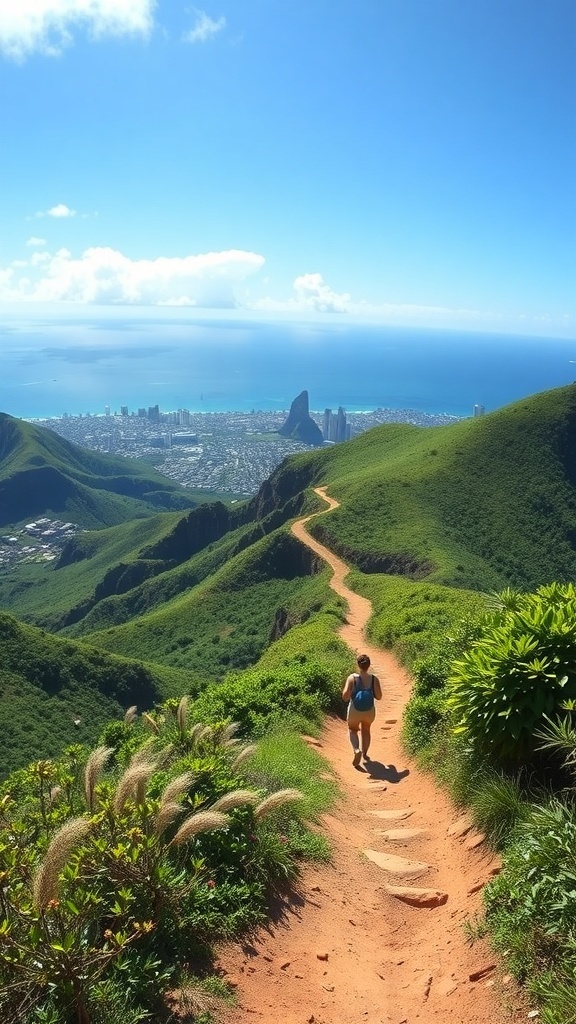 A hiker walking along a scenic trail in Waikiki, Hawaii, with ocean views and lush greenery.