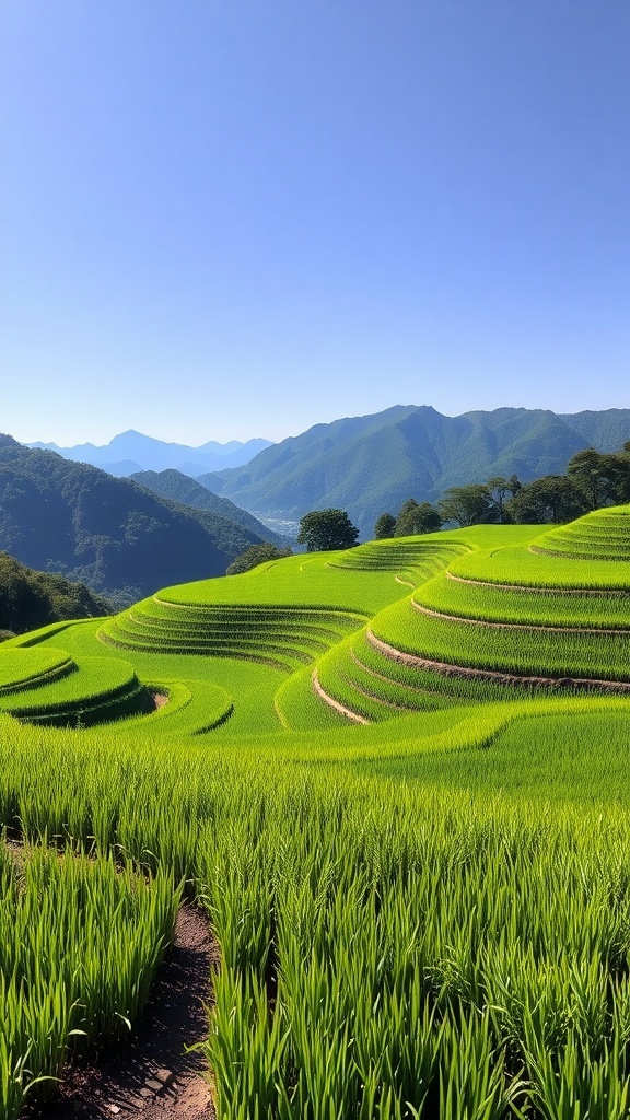 Lush green rice terraces in Niigata, Japan, with mountains in the background and a clear blue sky.