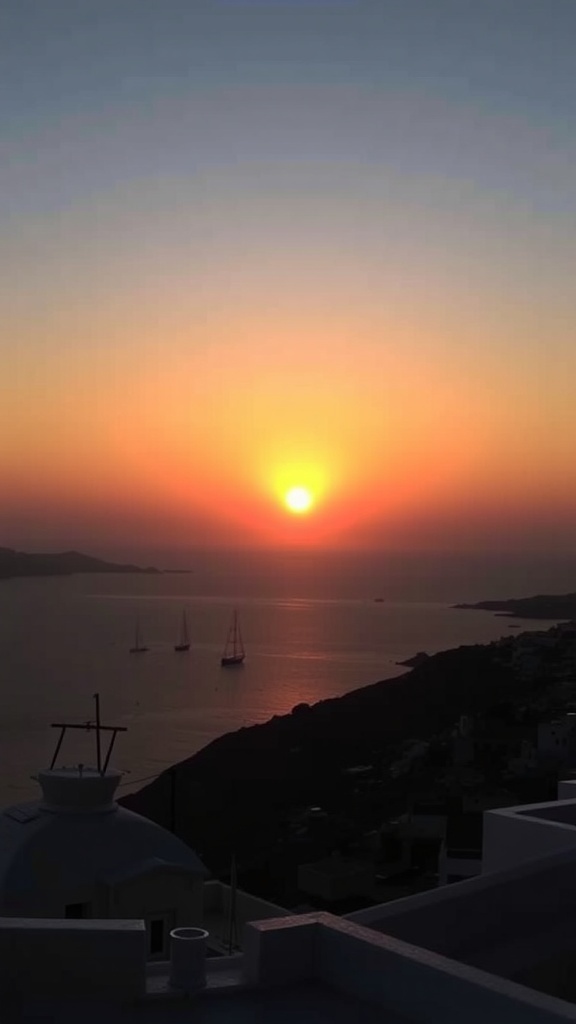 A serene sunset over Mykonos, with the sun setting on the horizon and sailboats in the water.