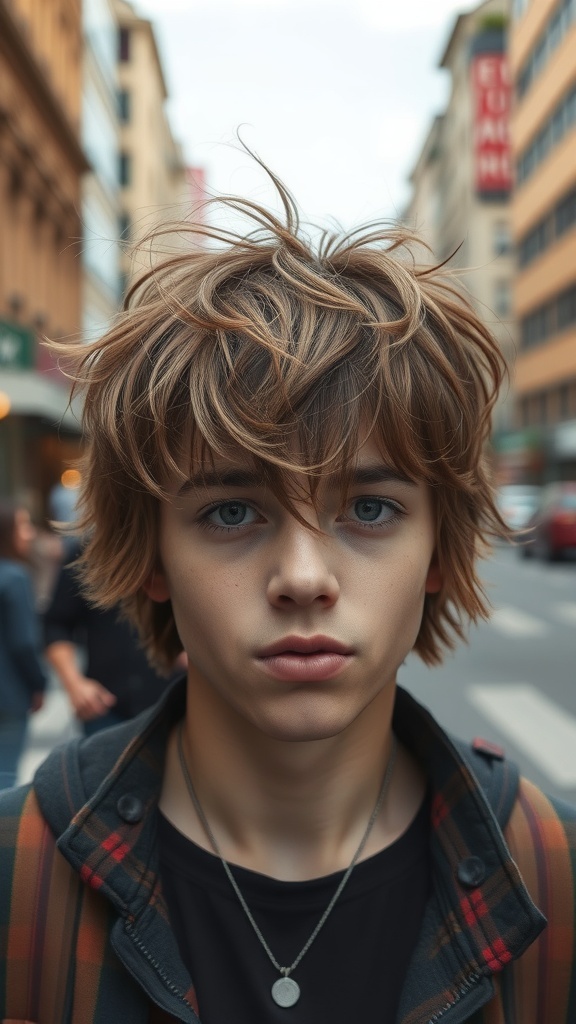 A young person with a shaggy short haircut, looking stylish in an urban setting.