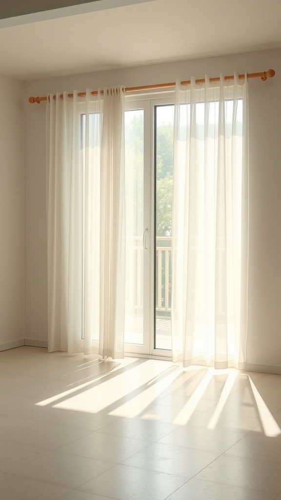 Light sheer curtains hanging by a sliding door, allowing natural light to fill the room.