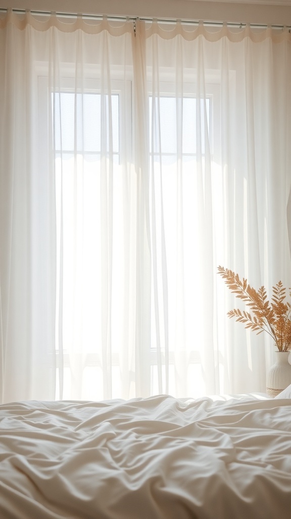 Sheer curtains hanging by a window with soft light filtering through, complemented by a vase of dried flowers on a bed.