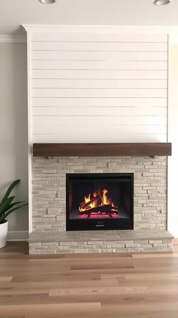 A modern shiplap fireplace with a stone base and electric insert, featuring a wooden mantel.