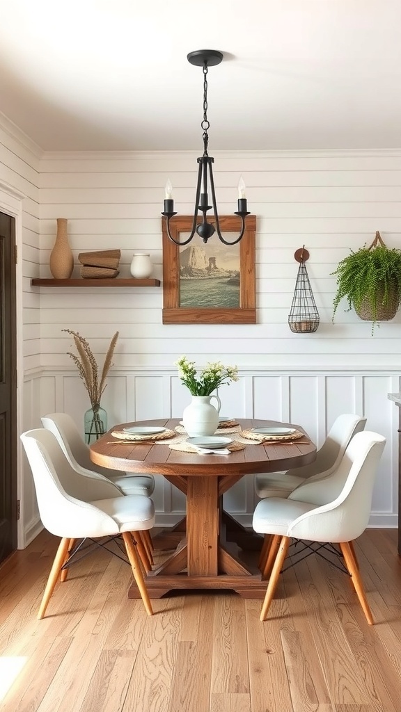 A cozy dining area featuring shiplap wainscoting, a round wooden table, and modern chairs.
