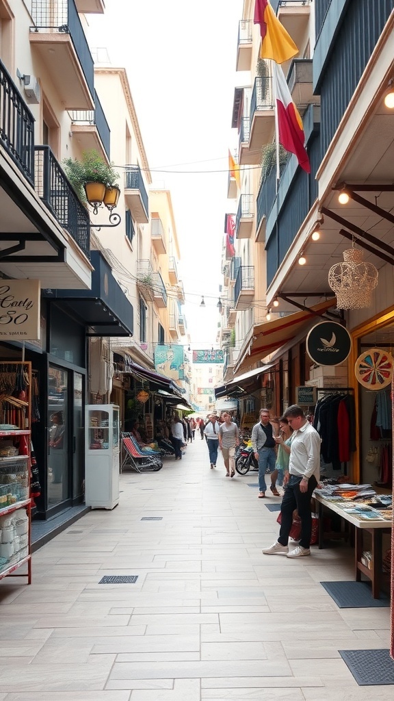 A vibrant shopping street in Alanya, Turkey, lined with shops and colorful flags.